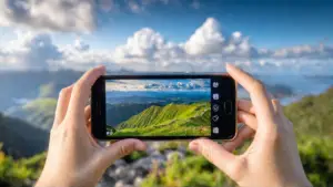 concurso de fotografia oeiras 2025 duas m&atilde;os a segurar um smartphone enquadrando paisagem montanhosa